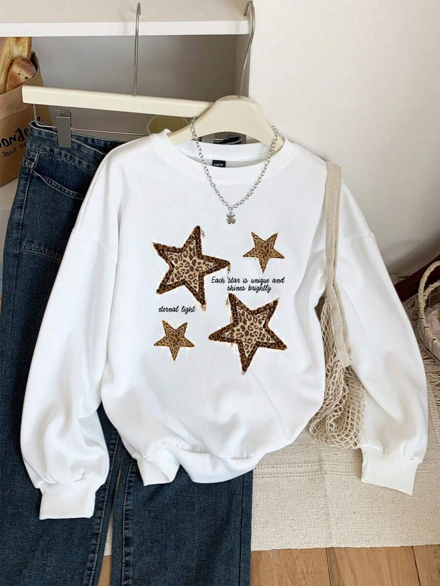 SHEIN EZwear 女士休闲简约豹纹和星星图案宽松长袖运动衫，秋冬 - 白色 - 查看 1