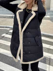 Serisse Women Color Block Front Button Placket Sleeveless Pockets Casual Padded Coat Fashionable Casual Geometric Quilted Long Sleeve Jacket With Pockets In Fall/Winter Black - Black - View 2