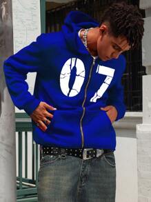 Manfinity Campus Court Aesthetic Post--Men's Hooded Sweatshirt With Letter Print, Zipper Front And Thermal Lined - Blue - View 5