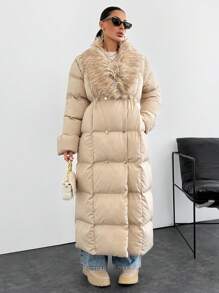 EURMUSE Women's Long Winter Jacket With Padding Details And Fox Scarf, Elegant And Make You Warm In Winter - Beige - View 1