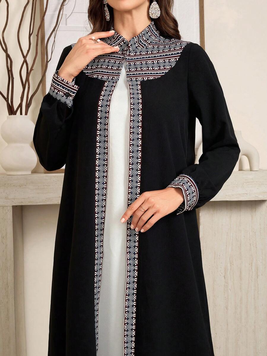 Al Najma 女士长袖几何图案优雅简约阿拉伯长袍 Abaya 带钩扣