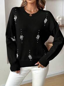 SHEIN LUNE 休闲柔软珍珠镶嵌女士毛衣，长袖针织套头衫，秋冬款 - 黑色 - 查看 5