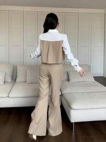 Mulvari 2pcs Women Contrast Color Zipper Front Long Sleeve Blouse And Trousers Set 2 Pieces Set - Khaki - View 2
