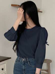 DAZY Áo chui đầu tay dài cổ tròn 3/4 màu trơn dành cho nữ - Màu xanh hải quân - Xem 4