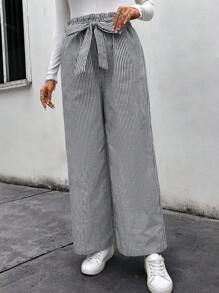 SHEIN LUNE Women's Casual High Waist Black & White Striped Pocket Wide Leg Pants