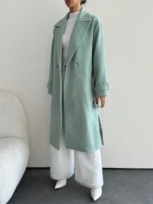 SHEIN Tall Solid Lapel Neck Drop Shoulder Overcoat For Winter - Mint Green - View 3