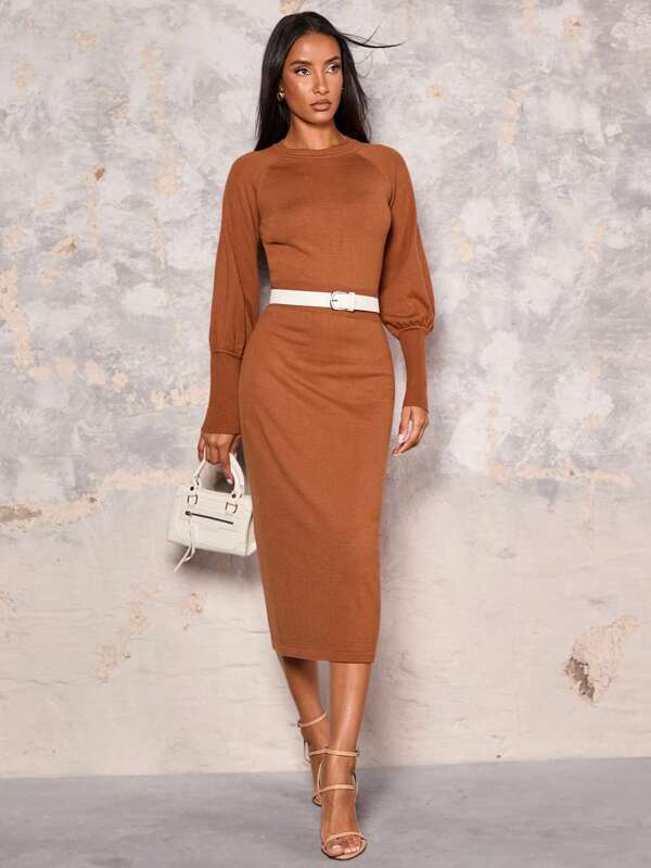 Glamine Rochie Pulover Elegantă De Damă, Culoare Unică, Decolteu Crew, Mâneci Raglan, Pentru Toamnă Și Iarnă