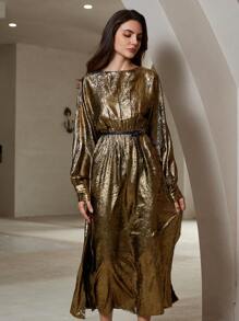 Chiquease Vestido largo con mangas tipo murciélago que ceñe la cintura, de tela y metal elegante y de lujo - Dorado - Ver 5