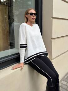 SHEIN Essnce Women's Striped Print V-Neck Long Sleeve Pullover Sweater With High-Low Hem,Women Sweaters,Fall Women Outfits,Women Outfits,Women Outfits,V Neck Long Sleeve