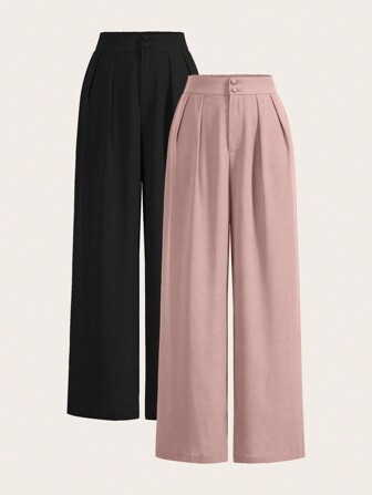 Poéselle 夏季高腰裤多件套阔腿裤高腰褶皱百褶阔腿裤宽松长裤