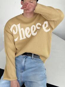 DAZY Men's Letter Print Round Neck Drop Shoulder Casual Knitted Sweater, Autumn - Yellow - View 3