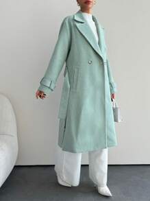 SHEIN Tall Solid Lapel Neck Drop Shoulder Overcoat For Winter - Mint Green - View 4