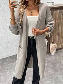 Chiquease 女式灯笼袖罗纹针织开衫，带口袋 - 卡其色 - 查看 5