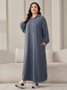 Mulvari Đầm chui đầu có mũ trùm đầu thường ngày cỡ lớn dành cho nữ có túi, tay dài, mùa thu đông - Màu xanh bụi bặm - Xem 7