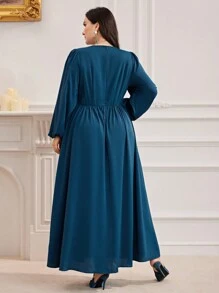 Modelyn Đầm dạ hội dài tay cổ chữ V tay đèn lồng buộc eo phong cách Ả Rập cỡ lớn - Màu xanh hải quân - Xem 3