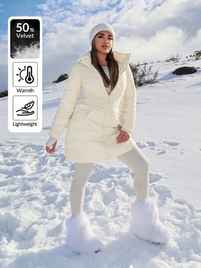 SHEIN SXY Women's Solid Color Long Sleeve Pocket Casual Hooded Down& Feathers Jacket, Winter