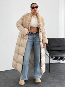 EURMUSE Women's Long Winter Jacket With Padding Details And Fox Scarf, Elegant And Make You Warm In Winter - Beige - View 3