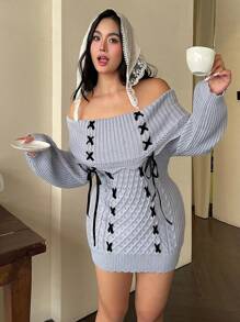 Flirla Plus Size Rhombus Texture Drawstring Decoration Off Shoulder Fitted Sweater, Spring Autumn Knit Pullover Fall Winter Outfit - Dusty Blue - View 3