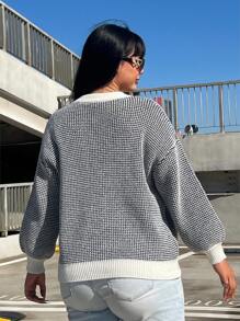 Flirla Plus Size Fashionable Design Loose Fit Long Sleeve Casual Colorblock Pullover Sweater Knit Pullover Fall Winter - Black and White - View 2