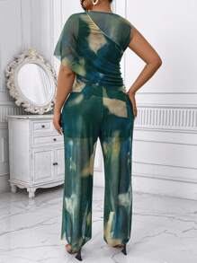 Celure 2 piezas Conjunto de top y pantalones de moda talla grande de malla teñida anudada, verano