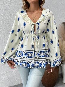 SHEIN Clasi Blusa con manga larga, estampado floral, volantes y cordones delanteros, uso casual
