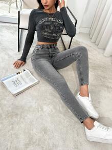 SHEIN Cottnline High Waist Snow Wash Skinny Jean - Grey - View 7