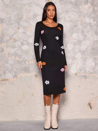 Glamine Women's Ditsy Floral Crew Neck Long Sleeve Sweater Dress Fall Cloth For Women