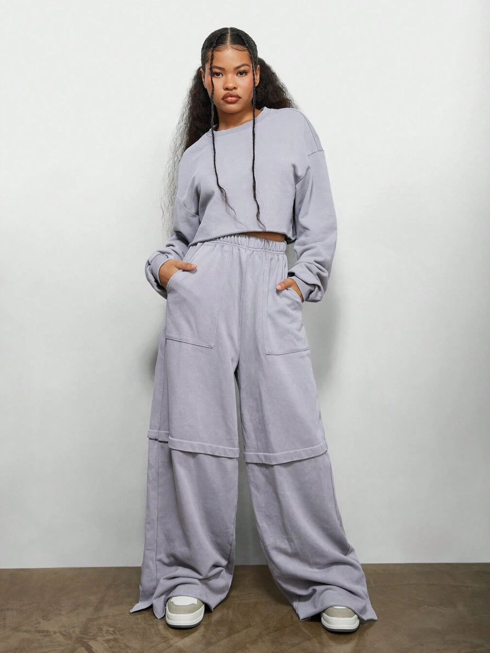 SUMWON WOMEN Oversized Raw Hem Crop Sweatshirt And Wide Leg Split