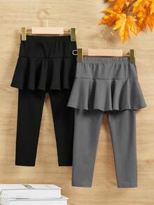 SHEIN Quần legging dệt kim viền bèo nhún màu trơn cho bé gái, mùa thu (10 chiếc), mùa đông (5 chiếc), màu đen, màu xám - Xám - Xem 2