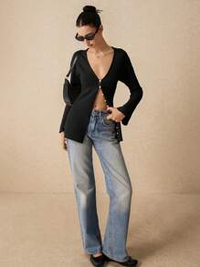 Poéselle 珍珠前扣 V 领腰线“新面貌”喇叭袖开衫，春秋装，秋装，女装，休闲女装，女装，纯色，纽扣 - 黑色 - 查看 3