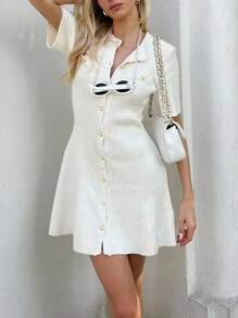 INAWLY Women's Solid Color Front Button Short Sleeve Faux Pocket Minimalist Casual Mini Dress