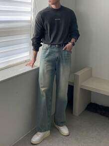 DAZY 男士字母印花保暖内衬休闲圆领长袖 T 恤，秋季 - 灰色 - 查看 5