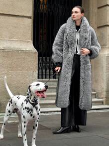 Anewsta Autumn Winter New Stylish Lady Faux Fox Fur Mid-Length Leather Jacket, Fashion Silver Fox Fur Coat For Women - Grey - View 5