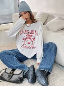 SHEIN Unity 女士休闲字母印花圆领落肩长袖卫衣，春秋季套头衫 - 白色 - 查看 6