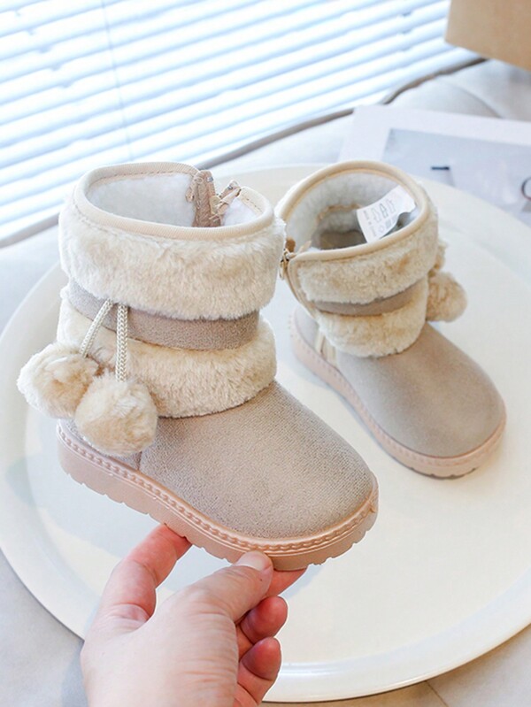 1 Pair Kids Boots, Khaki Color Plush Fur Ball Snow Boots, Soft Sole Anti-Slip, Mid-CaBootsoendy Design Suitable For Boys & Girls Outdoor, Party, Travel, Winter