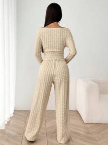 SHEIN EZwear 卡其色针织露肩上衣和裤子 - 卡其色 - 查看 2