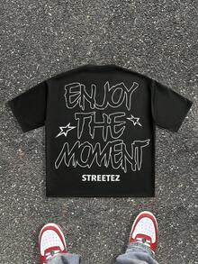 Manfinity RebelGame 男士宽松口气印花圆领短袖T恤套装，适合夏季 - 黑色 - 查看 2