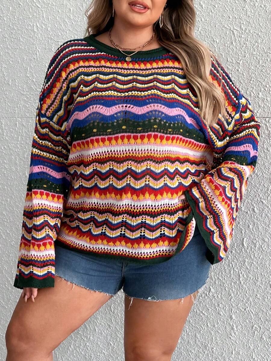 SHEIN CURVE+ Áo len dệt kim phối màu khoét rỗng cỡ lớn dành cho mùa lễ hội, thích hợp mặc mùa thu đông. - Màu xanh lá cây đậm - Xem 1