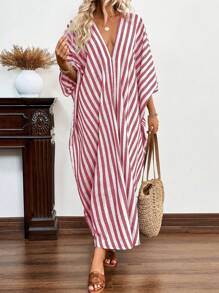 SHEIN LUNE 女士夏季 V 领蝙蝠袖宽松直筒休闲条纹连衣裙 - 紅色 - 查看 4