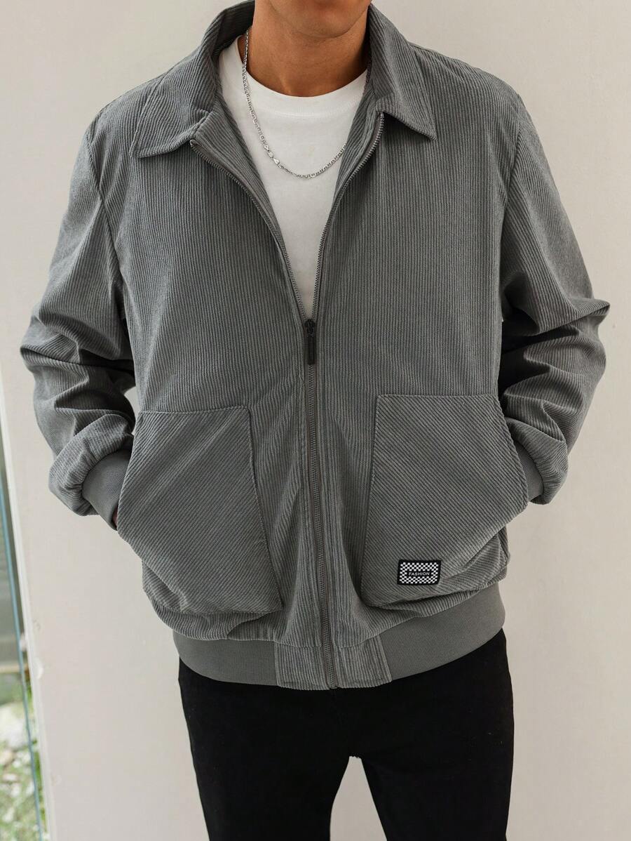 Manfinity Homme Men's Casual Jacket With Embroidery Details, Autumn,Men Flannel,Winter Men Jacket,Winter Men Clothes,Corduroy Jacket - Grey - View 1