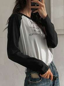 DAZY 女士休闲口号印花撞色圆领插肩袖 T 恤，春/秋 - 黑與白 - 查看 5