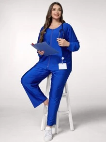 TaskEZ 大码简约休闲双口袋前拉链长袖上衣和裤子医疗制服手术服套装 - 寶藍色 - 查看 7