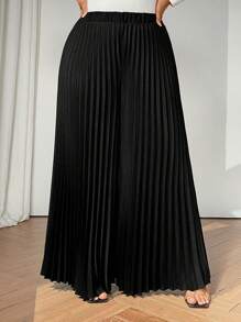 SHEIN CURVE+ Quần ống rộng Palazzo cạp chun thanh lịch màu đen cỡ lớn cho nữ - màu đen - Xem 5