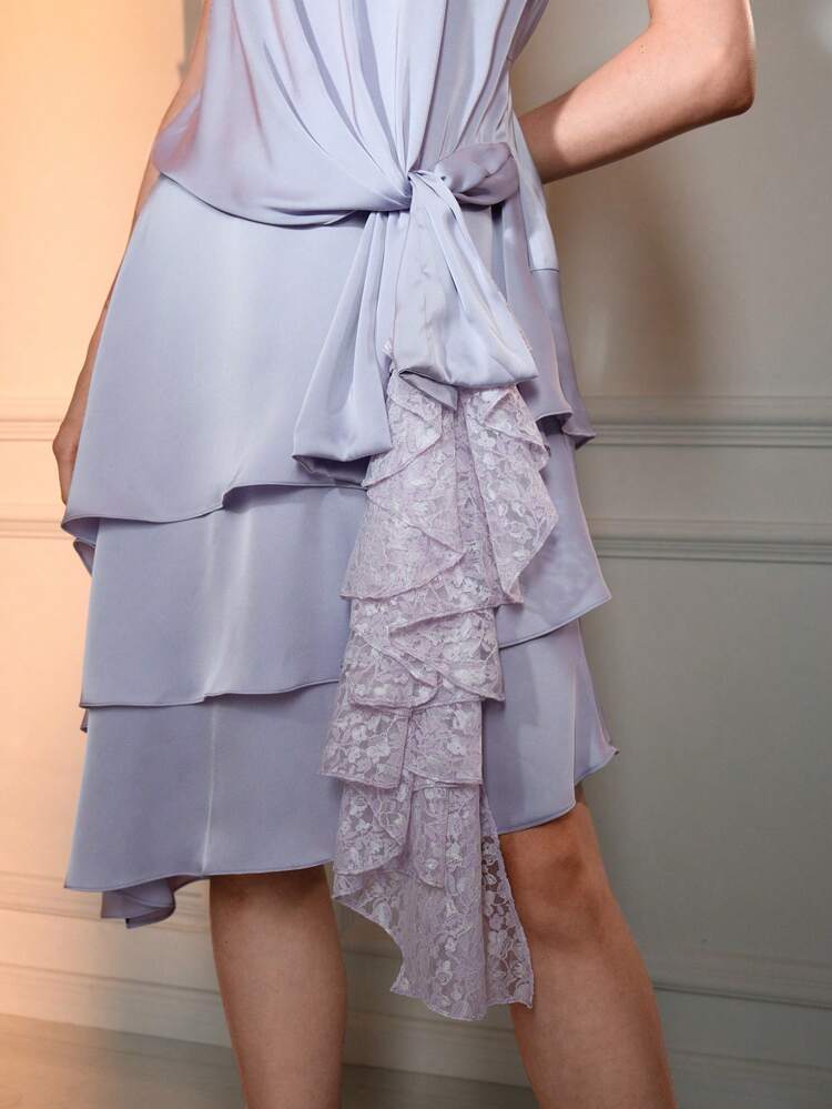 The Great Gatsby x MOTF SOLID LACE INSERT KNOT SIDE LAYERED RUFFLE HEM DRESS