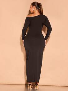 SHEIN BAE Plus Size Autumn Black Asymmetric One-Shoulder Gathered Long-Sleeved Elegant And Sexy Long Dress Suitable For Daily Outings, Dates And Commuting Fall Women Clothes