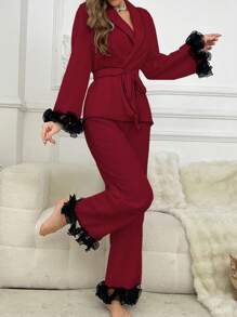 SHEIN Bộ đồ ngủ nữ viền bèo nhún màu tương phản, trang phục thu đông - Màu Đỏ Sâu - Xem 6