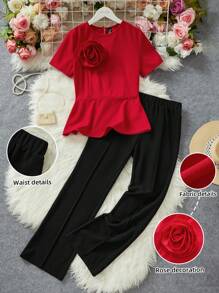 SHEIN Lady 四季红套装休闲两件套女秋季套装优雅红色圆领3D花朵装饰和黑色喇叭裤女套装衣服套装新款女士两件套 - 彩色 - 查看 3