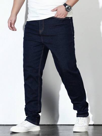 Manfinity Homme 大码男士休闲口袋紧身牛仔裤，纯色修身深色牛仔裤长款纯黑色洗水工装牛仔裤，适合丈夫、男朋友的礼物