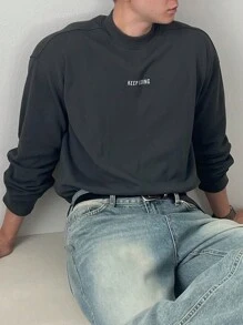 DAZY 男士字母印花保暖内衬休闲圆领长袖 T 恤，秋季 - 灰色 - 查看 4