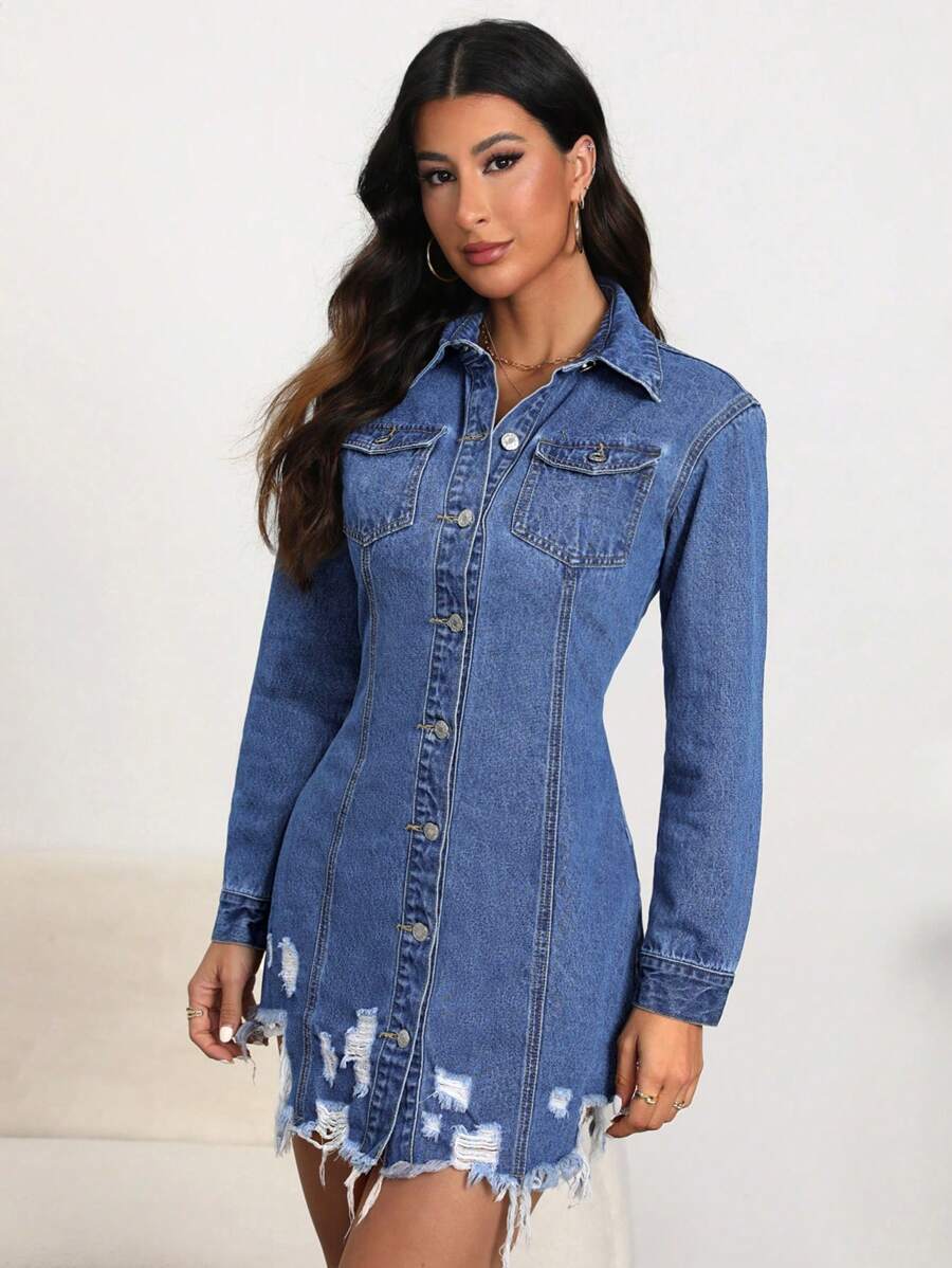 SHEIN Essnce Women Spring Autumn Long Sleeve Single-Breasted Frayed Hem Casual Denim Dress - Dark Wash - View 1